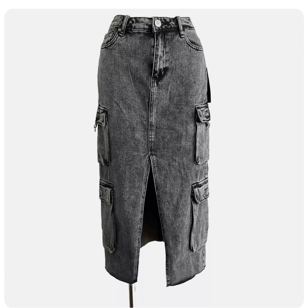 True Religion Skirt Charcoal Vintage Cargo Midi Front Slit Utility - Picture 2 of 5
